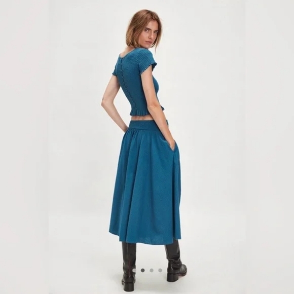 Free People Dresses & Skirts - Free People Braveheart Solid Set Seaside Blue Smocked Top & Midi Skirt NWT